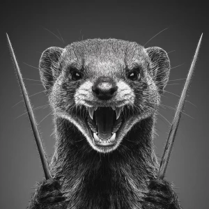 A anthropomorphic mongoose with a wild, crazy smile and intense...