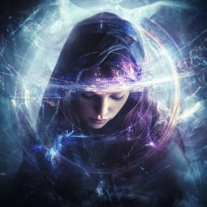 Create a 2.5D art portrait of a mystical time-weaving oracle, wi...