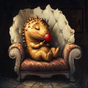 A cute little dinosaur with a fun, happy expression, is sitting on a vintage quilted reading chair.  His head shows the nobbed spikes of a dinosaur. He has a bright shiny red lollipop in his hand and is licking it. His tongue shows that he is licking the lollipop. The scene is shown in dark lighting with the light accetuated on the dinosaur. The scene is shown through a hole in the wall. The floor part of the scene is vintage dark cobble stones. The hole in the white wall is realistic.