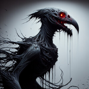 Generate an image of a humanoid chicken with a shadow-like, ethe...