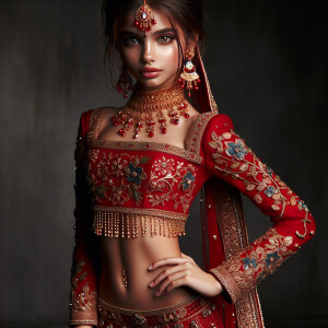 a beautiful pakistani young girl wearing red clothes showing nav...