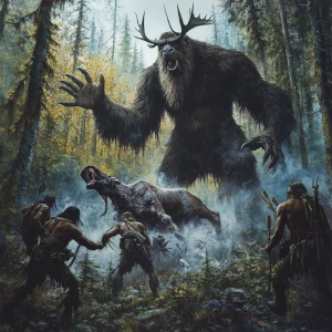 A group American choctaw chase several towering, hair-covered hu...