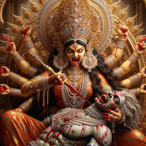 portrait of angry looking goddess durga, sitting on a gold crown...