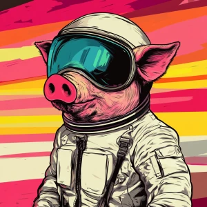 Cute cartoon pig in vintage white spacesuit and NASA style helme...