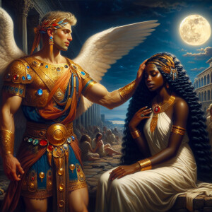 Create an oil painting image featuring a male angel and a grievi...