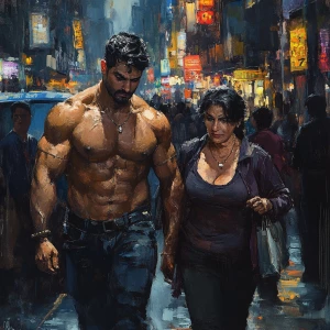 Realistic art,a muscular sweaty criminal walking with his mother...