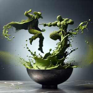 The matcha tea rises from the bowl and transformed into a cowboy...