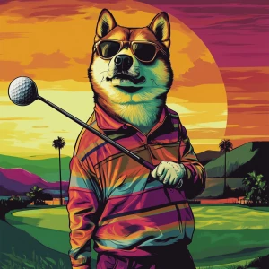 MEME DOGE in GTA art style, DOGE playing golf, in the style of...