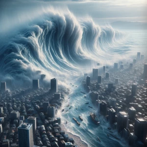 Create a hyper-realistic image of a massive tsunami striking a c...