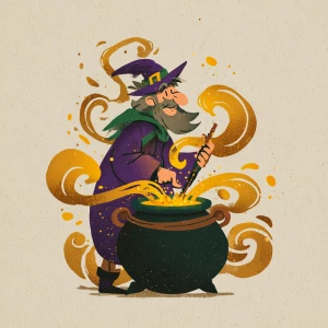 cartoon wizard character stirring bubbling cauldron of coffee wi...