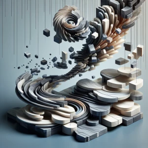 Visualize a floating  segments of fountain cascading hanging des...