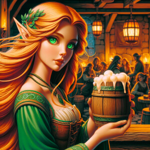 Elf female long orange hairs, green eyes, green clothes, beer wo...
