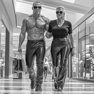 Realism,a muscular sweaty beefy,man walking with his 50 years ol...