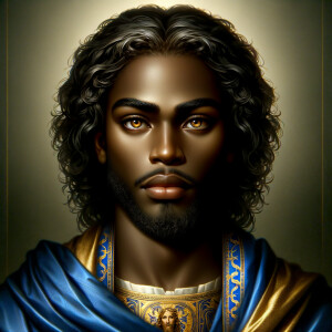 Create a beautiful African-American Jesus Christ with Hazel, brown eyes and blue and gold robe