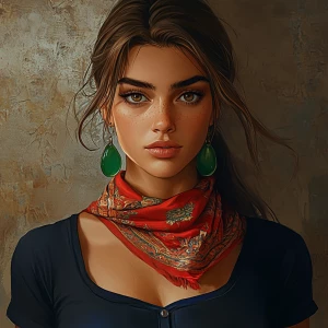 girl with brown hair, thick eyebrows, pumped up lips, potato nos...