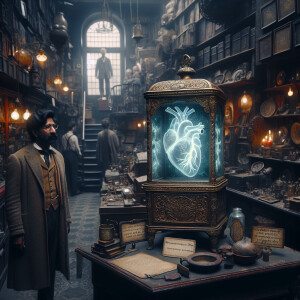 Create an image of a musty, dimly-lit antique store brimming wit...