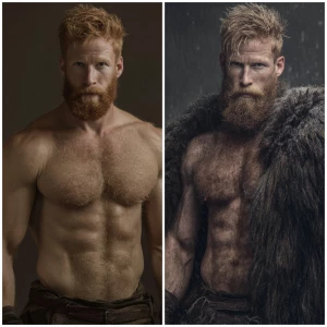Create an image of a muscular man with a Viking aesthetic, simil...