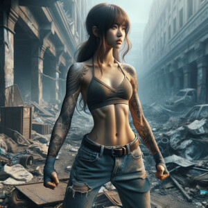 Thin Asian teen girl wearing tight jeans and a halter top Long brown hair and bangs, tattoos on her arms, athletic heroic pose