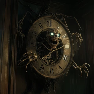 Create an image of an eerie, humanoid clock with a menacing expr...