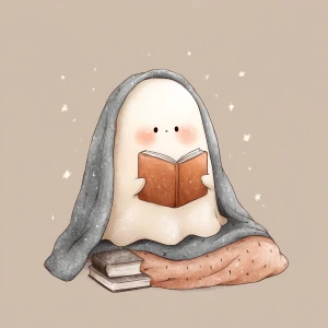 a cute ghost reading a book under a blanket, cozy soft lighting,...