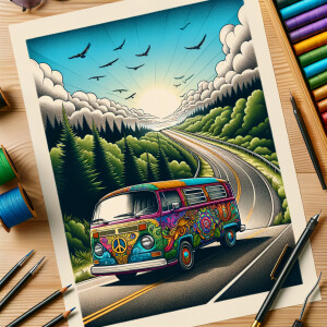 A hippy van riding down the road