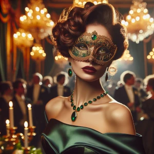 "In the opulent ballroom, a masked beauty captures every gaze, h...