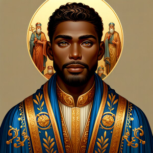 Create a beautiful African-American Jesus Christ with Hazel, brown eyes and blue and gold robe