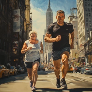Hyperrealistic painting, a muscular, perspiring man jogging alon...