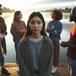 A group of people stands by the lake in the morning. One girl ha...
