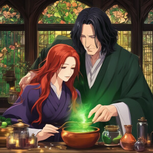Alan rickman as severus snape making potion with a beautiful wom...