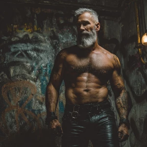 A muscular 50-year-old man with prominent gray hair and a full b...