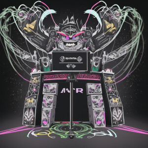 Chimera 90-x style behind a DJ stand, in crazy hat, hand drawn s...