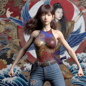 Athletic Thin skinny Attractive, Asian teenage girl, long brown hair and bangs, wearing tight skinny jeans and a halter top paint marks on her clothing, heroic pose Asian graffiti background