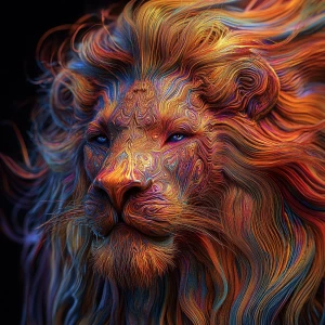 Create a 3D 8K UHD photorealistic image of a lion with an oversized mane exhibiting psychedelic patterns and hallucinogenic visual effects, ensuring extreme attention to detail and realism.