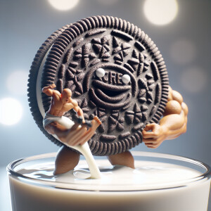 Create an image of a life-size anthropomorphic Oreo Cookie with...