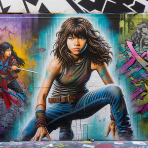 teenage girl, long brown hair and bangs, wearing tight skinny jeans and a halter top paint marks on her clothing, heroic pose Asian graffiti background, nearing on one knee