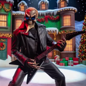 Santa Claus with a malevolent twist, clad in a rock 'n' roll out...