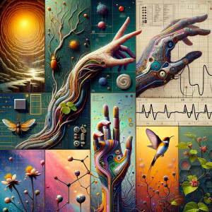 The golden ratio, Minimalist art Circuit, boards, circuitry, diagrams Cellular structures, DNA, circuit boards, colorful wires,  asian and Egyptian  graffiti, lie detector graphs, cardio, printout , branches infinity sign, cave, Art, handprints, distant birds flying, flowering vines, abstract gestural painting, dna