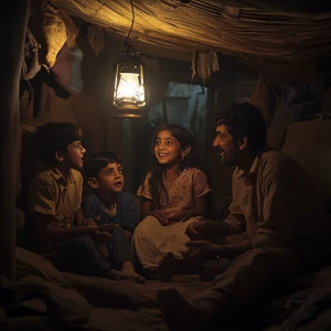 A young Indian village girl excitedly shares an idea with her fa...