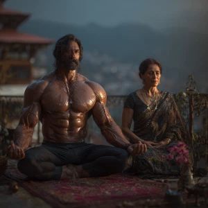 Photo HyperRealism,painting.A man muscular beefy sweaty doinga y...