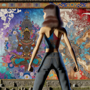 Athletic Thin skinny Attractive, Asian teenage girl, long brown hair and bangs, wearing tight skinny jeans and a halter top paint marks on her clothing, heroic pose Asian graffiti background, backside view