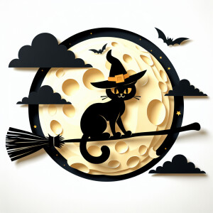 Halloween black cat with witch hat flying on a broom in the sky...