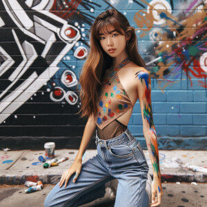 teenage girl, long brown hair and bangs, wearing tight skinny jeans and a halter top paint marks on her clothing, heroic pose Asian graffiti background, nearing on one knee