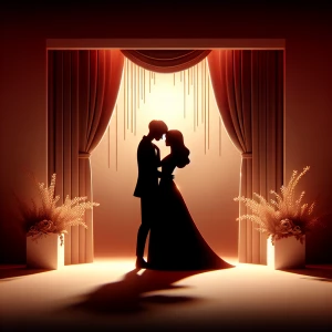 Create an image of the silhouette of a romantic couple embracing...