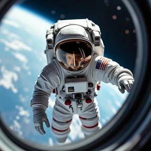 photo of an astronaut wearing a space suit, visibly floating out...