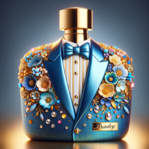 Create a blue and gold cologne bottle in the shape of a tuxedo with flowers with the name, Bradley and colorful jewels and diamonds