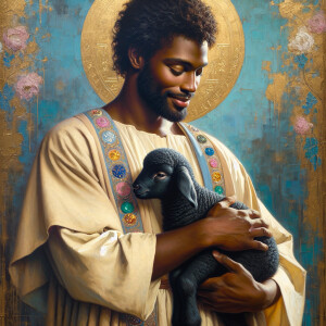 Oil painting of an African-American man resembling Jesus Christ,...