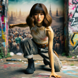 teenage girl, long brown hair and bangs, wearing tight skinny jeans and a halter top paint marks on her clothing, heroic pose Asian graffiti background, nearing on one knee