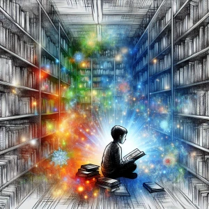 a child's imagination illuminated by a book in a ghostly school...