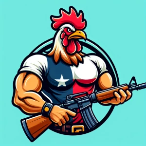 muscular rooster wearing a texas flag t-shirt holding a rifle